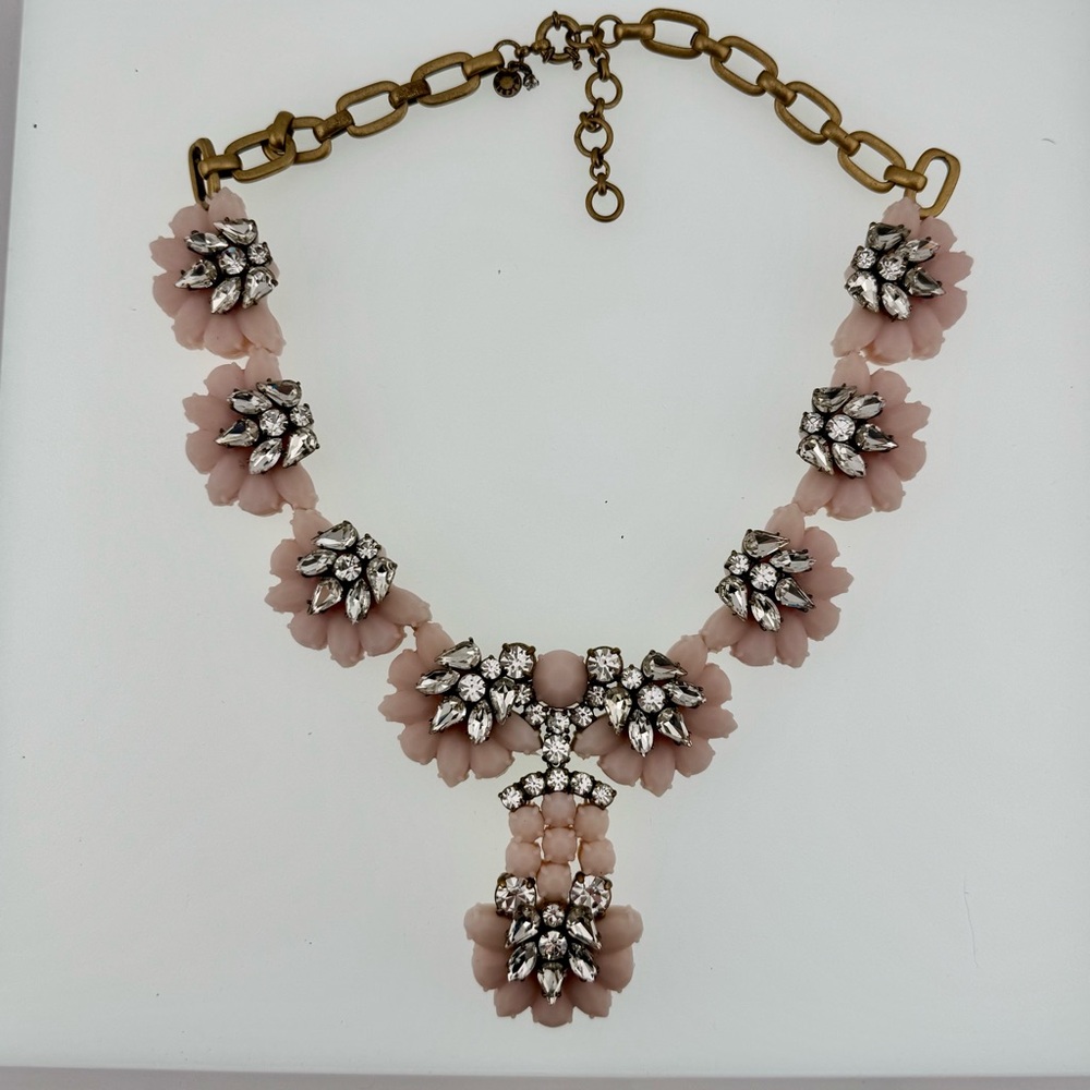 J. Crew Pale Pink Flower Rubber Statement Necklace with Glass Rhinestone Banger